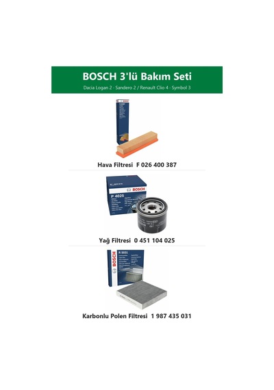 Bosch 3'lü Filtre Bakım Seti Renault Symbol 3 1.2 16v 75 Hp 2013 Sonrası Hava Yağ Karbonlu Polen