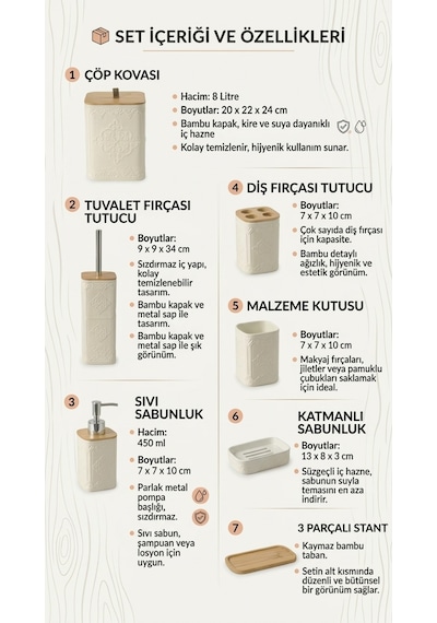 Makri Home 7 Parça Desenli Kare Bambu Kapaklı Beyaz Banyo Seti, Hacim: 8 Litre Beyaz