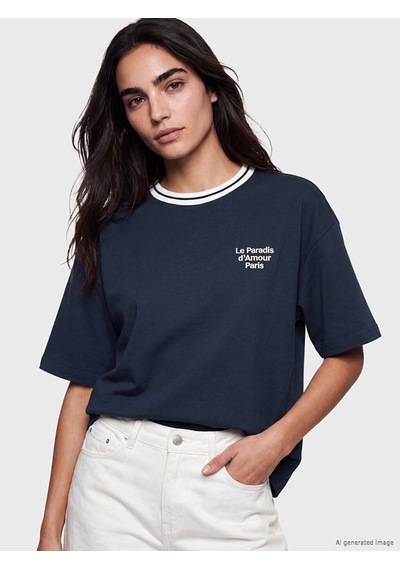 Lcw Vision Lacivert Paris Baskılı Oversize Kadın Tişört