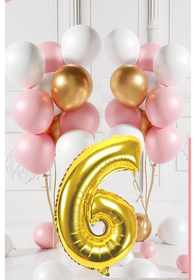 6 Yaş Retro Gold Pembe Beyaz Balon Seti Gold Rakamlı Doğum Günü Balonu Şık Parti Süsleme Çok Renkli