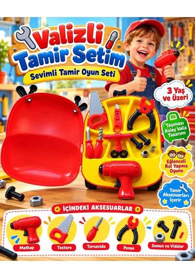 Oyuncak Çekçek Valizli Aksesuarlı Makyaj Doktor Tamir Set Taşınabilir Tekerlekli Renkli Çantalı Bavul Güzellik Eğitici Meslek Seti 50x25 Cm Çok Renklii