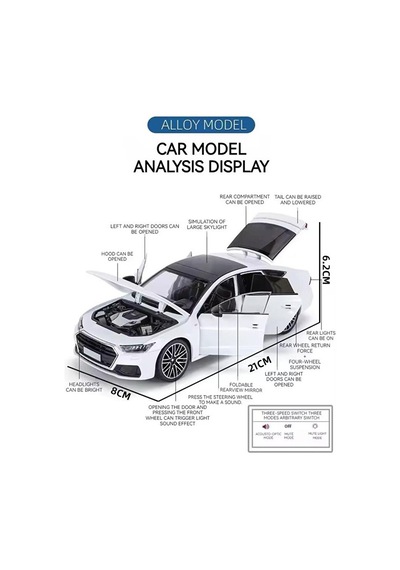 Audi A7 1:24 Ölçekli Diecast Model Araba Metal Gövde, Dekoratif Sergi Standlı Metalik Beyaz