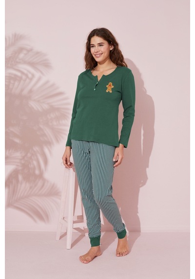 Siyah İnci Düğmeli Pamuklu Örme Pijama Takım 24240143 Yeşil