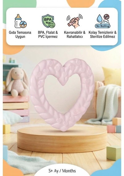 Kalp Şekilli Esnek Bpa İçermeyen Kabartılı Pastel Renkli Oyuncak Bebek Diş Kaşıyıcısı Pembe