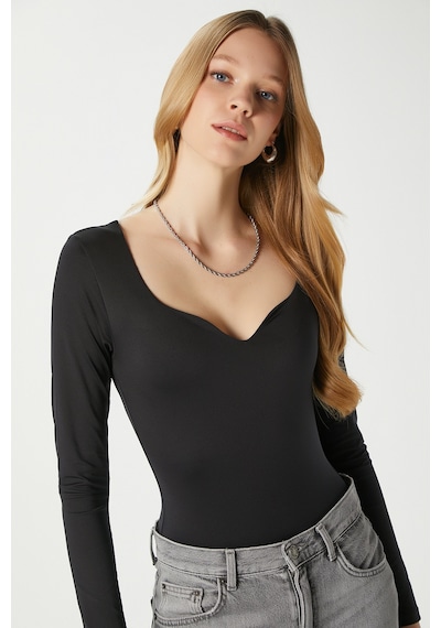 Ritnice Kadın Rich Kalp Yaka Polyamid Siyah Çıtçıtlı Body / Bluz Siyah