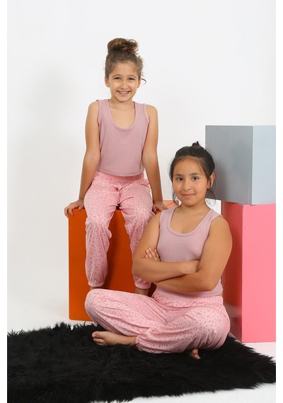 Akbeniz Kız Çocuk Sıfır Kol Gül Kurusu Penye Pijama Takım 20433 Gülkurusu