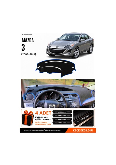 Mazda 3 2009-2013 Uyumlu Torpido Koruma, Torpido Örtüsü, Torpido Kılıfı - Siyah Mavi