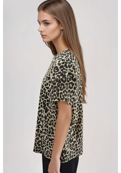 Hiccup Oversized Leopar Desenli Bisiklet Yaka Tişört Kahverengi