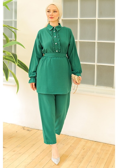 Bestenur Fırfır Yaka Tunik Pantolon İkili Takım 930 - Yeşil