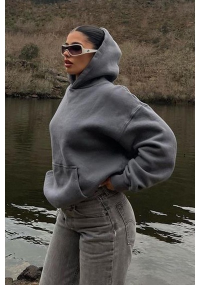 Füme Kapüşonlu Şardonlu Oversize Cepli Sweatshirt Mg2206