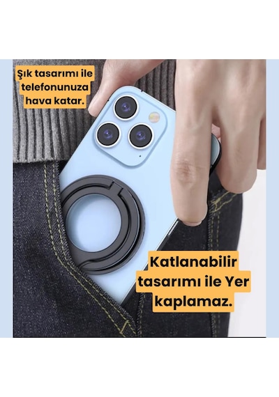 Coofbe Yükseklik Ayarlı Katlanılabilir Magsafe Uyumlu Magnetic Çift Halkalı Telefon Standı Halka Telefon Tutucu Siyah