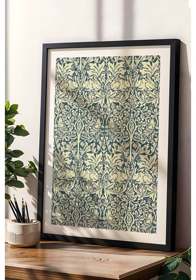 William Morris Brother Rabbit Kardeş Tavşan Desenli Çerçeveli Tablo Viktorya Serisi Duvar Dekoru Siyah