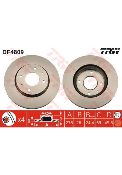 TRW DF4809 Fren Diski Ön Galant 96-03 Lancer 03- Havalı 276Mm