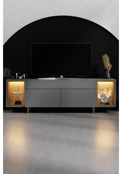 Zenith Gold Demir Ayaklı Rgb Led Işık Sistemli Antrasit Tv Ünitesi Tv Sehpası Antrasit - Altın