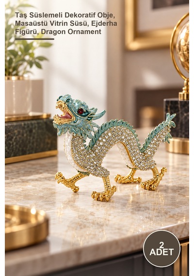 2 Adet Taşlı Dragon Figür Taş Süslemeli Dekoratif Obje, Masaüstü Vitrin Süsü, Ejderha Figürü, Dragon Ornament