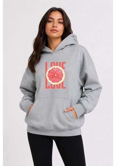Herkesemoda Portakal Dilimi Baskılı Kapüşonlu 2 İplik Şardonlu Sweatshirt Gri