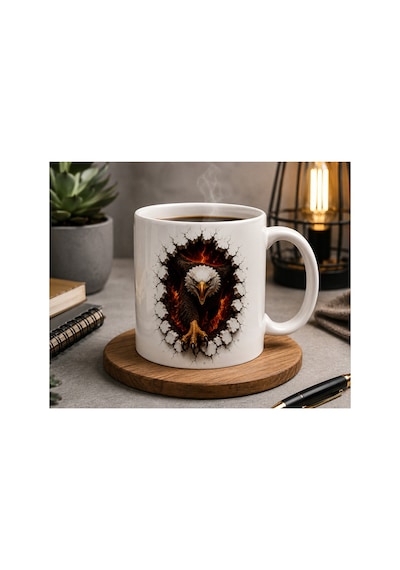 Duvarlarını Yık Serisi 3d Efektli Kartal Çift Taraflı Baskılı Seramik Kupa 300 Ml Premium Kahve Kupası Beyaz