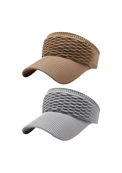 Uniquetrenders Kadın Örgü Dokulu Uv Korumalı Yazlık Vizör Şapka 2'li Set Camel - Gri