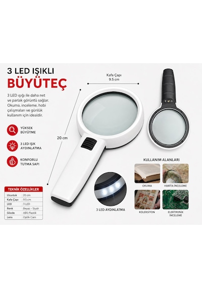 3 Ledli 10x95mm Işıklı Mercekli El Büyüteci Okuma Tamir Kitap Çalışma İçin Işıklı Büyüteç Okul