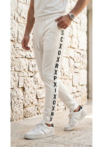 Plus Scorpion Erkek Slim Fit Eşofman Altı Yazılı Şerit Detaylı, Dar Paça Jogger Pantolon Beyaz