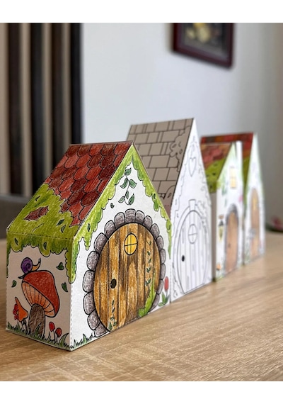 Kağıt Ev Şablonu Kendin Yap, 4 Adet Orman Evi, Boyama El Sanatları