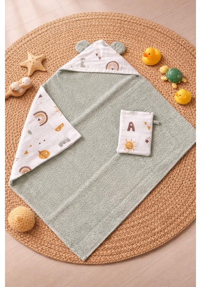 Heianmono Kundak Bebek Banyo Havlusu Dışı Müslin İçi Havlu (%100 Pamuk) (75x75 Cm) (Mint Yeşili) (0 - 24 Ay)