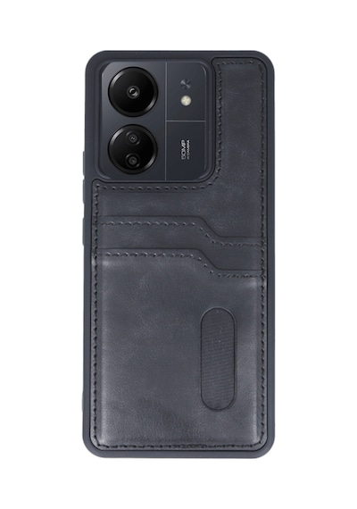 Xiaomi Poco C65 Uyumlu Deri Kartvizitli Kartlıklı Premium Telefon Kılıfı Kapak Siyah