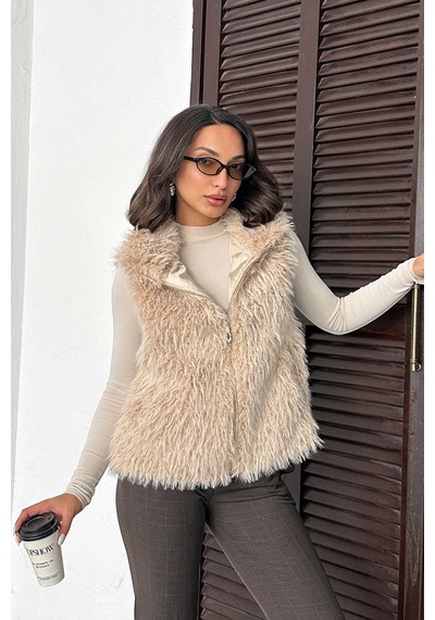Verymoda Yapay Kürk Kadın Yelek Fermuarlı, Yumuşak Dokulu I Vmf2046 Taş