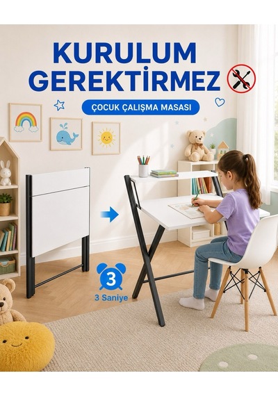 Dobo Çocuk Öğrenci Ders Masası Katlanır Çalışma Masası Siyah - Beyaz