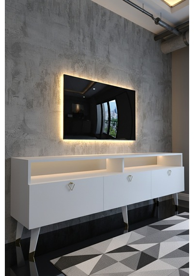 Resital Ledli Tv Sehpası - Led Işıklı - Gold Beyaz - Gl9017-1