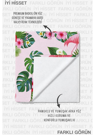Flamingo Tropikal Yapraklı Plaj Havlusu - Pembe Yeşil Bohem Yazlık Hızlı Kuruyan Mikrofiber Havlu Kumlu Yosun