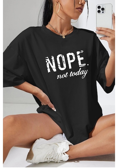 Flood Of Style Kadın Siyah Nope Not Today Baskılı Oversize