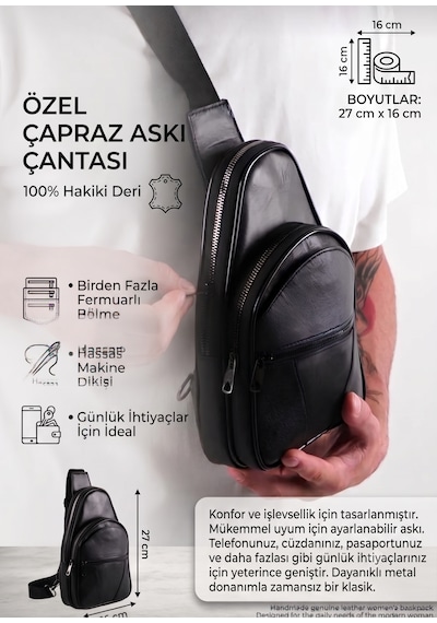 Wins Hakiki Deri Erkek Bodybag Çapraz Göğüs, Omuz Ve Sırt Çantası Freebag Çok Gözlü Günlük Çanta Siyah
