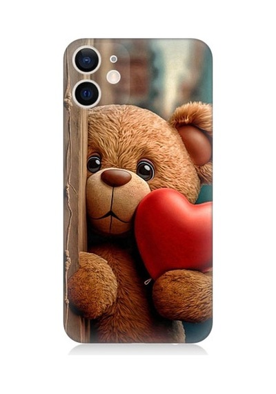 Apple Uyumlu iPhone 12 Mini Sevimli Ayı Ve Kalp Desenli Silikon Kılıf