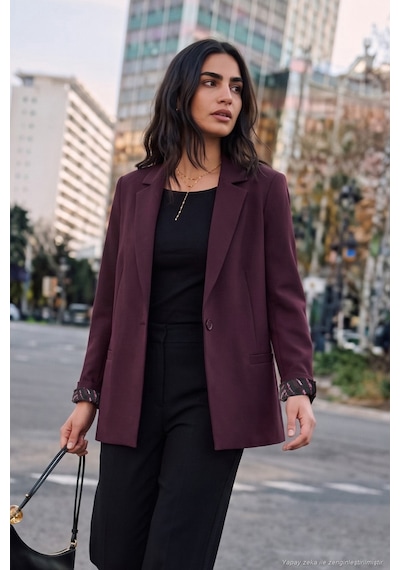 Lela Standart Fit Mono Yaka Desenli Astar Detaylı Blazer Ceket Kadın Ceket 6524003 Mürdüm