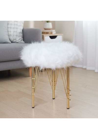 Beyaz Peluş Puf Tabure, Gold Renk Metal Ayaklı Yumuşak Oturma Pufu 38x37 Cm - Yatak Odası, Salon Pufu Beyaz