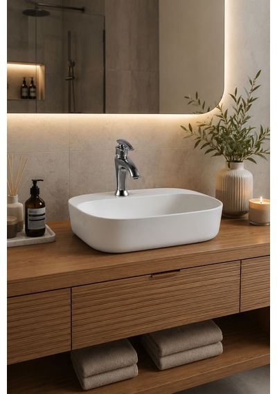 Lena E-2101 Tezgah Üstü Porselen Lavabo Dikdörtgen Beyaz Tezgah Üstü Lavabo