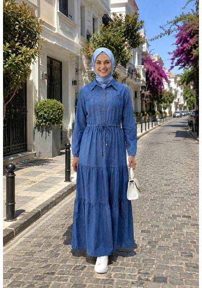 Hb Harma Time Butik Kadın Düğmeli Cepli Bağcıklı Tensel Kumaş Koyu Mavi Kot Elbise