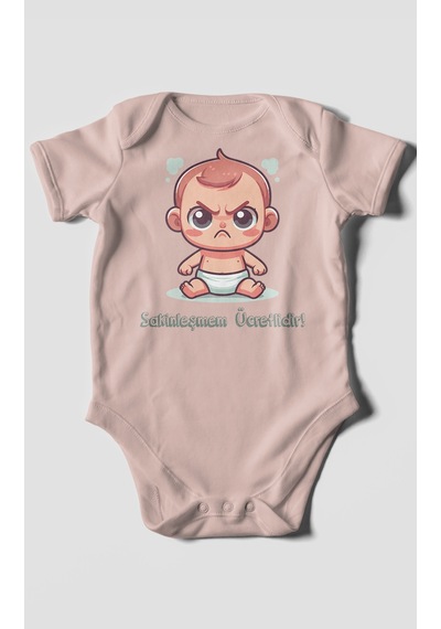 Sakinleşmem Ücretlidir Baskılı Bebek Zıbını Çıtçıtlı Body %100 Pamuk Kısa Kol Pastel Pembe