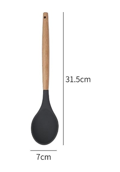 Silikon Kaşık Mutfak Kaşığı Servis Kaşığı Ahşap Saplı 31,5 Cm