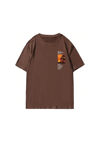 Beach Logo T-shirt - Kahve Baskılı Oversize Bisiklet Yaka Kısa Kol Kahverengi