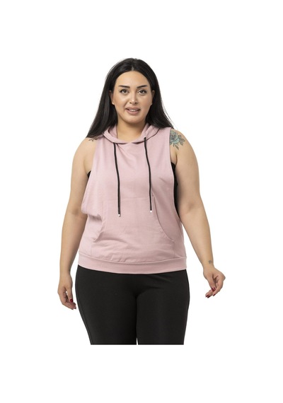 Disentis Büyük Beden Kanguru Cepli Kapüşonlu Geniş Kol Oyuntulu Pudra T-shirt-pudra Pudra