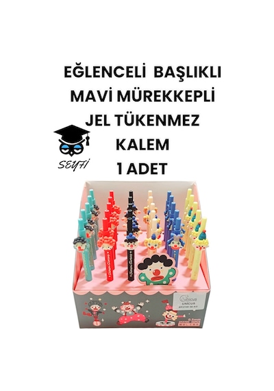 Eğlenceli Başlıklı İnce Uçlu Jel Tükenmez Kalem Mavi Mürekkep 3