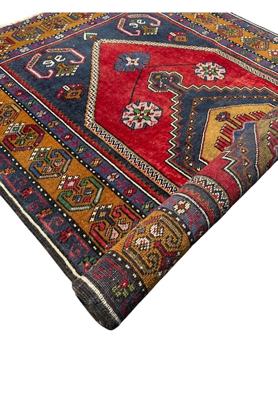 El Dokuma Eskitme İnce Yahyalı 101x175 Kırmızı Lacivert Yün Halı Kırmızı