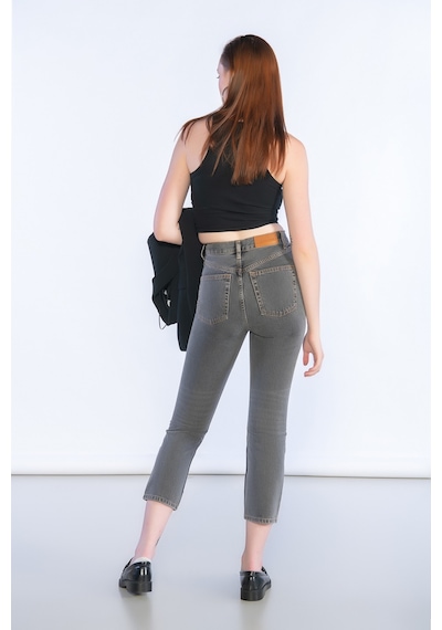 Kirli Mavi Yüksek Bel Lazer Detaylı Mom Jeans - Kirli Mavi