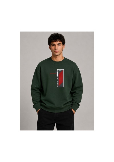 Herkesemoda Level Up Desen Baskılı Bisiklet Yaka Şardonlu 2 İplik Sweatshirt Yeşil