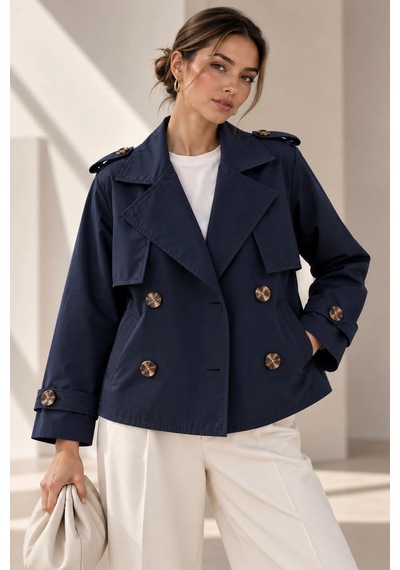 Bb Butik Basic Kısa Kruvaze Trençkot Düğme Detaylı Modern Kesim Qn3434 Lacivert