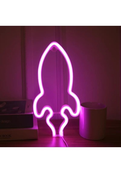 Neon Renkli Pembe Roket Pilli ve Usbli Çocuk Odası Duvar Gece Lambası Çok Renkli