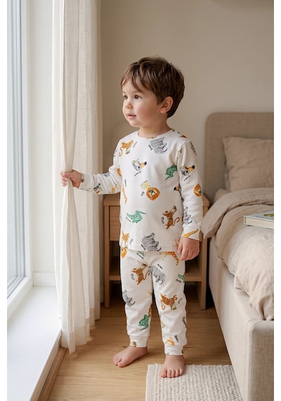 Zuzunga Erkek Çocuk %100 Pamuk Süprem Kumaş Uzun Kollu Mevsimlik Pijama Takımı BEYAZ