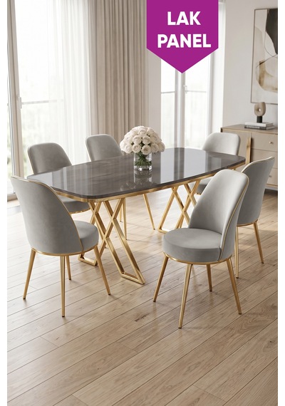 Peras Serisi 90x160 Lak Panel Antrasit İroni Gold Ayaklı Masa Takımı 6 Sandalye Antrasit İroni Masa Gri Sandalye Peras Serisi 90x160 Lak Panel Antrasit İroni Gold Ayaklı Masa Takımı 6 Sandalye Antrasit İroni Masa Gri Sandalye